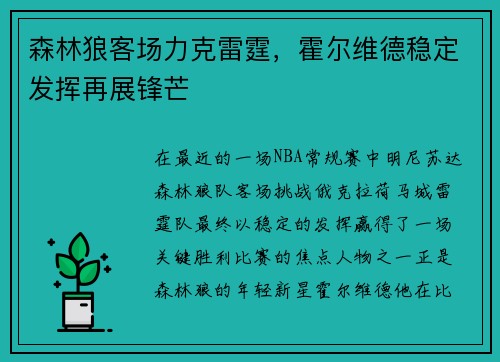 森林狼客场力克雷霆，霍尔维德稳定发挥再展锋芒